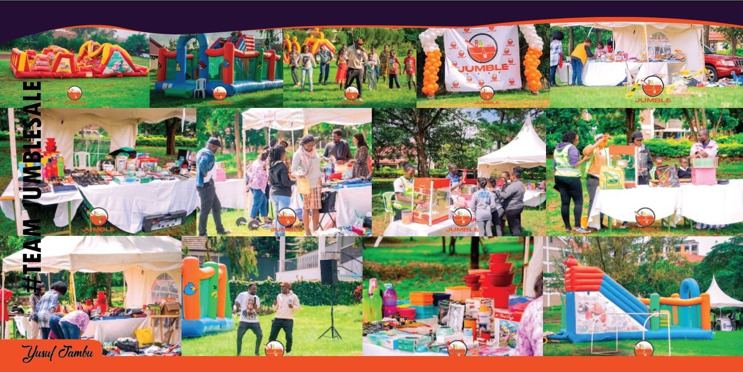 Outdoor event with people engaging in various activities, inflatable structures, and market stalls selling assorted items.